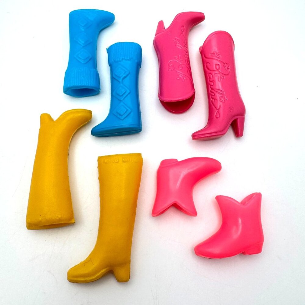 Barbie Doll Boots 1980s-1990s Pink Yellow Blue 4 Pair Plastic Shoes Vintage